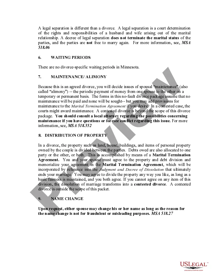 Preview Minnesota No-Fault Uncontested Agreed Divorce Package for Dissolution of Marriage with Adult Children and with or without Property and Debts