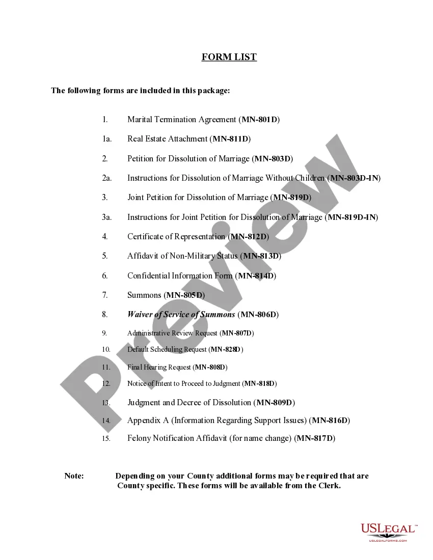 Preview Minnesota No-Fault Uncontested Agreed Divorce Package for Dissolution of Marriage with Adult Children and with or without Property and Debts