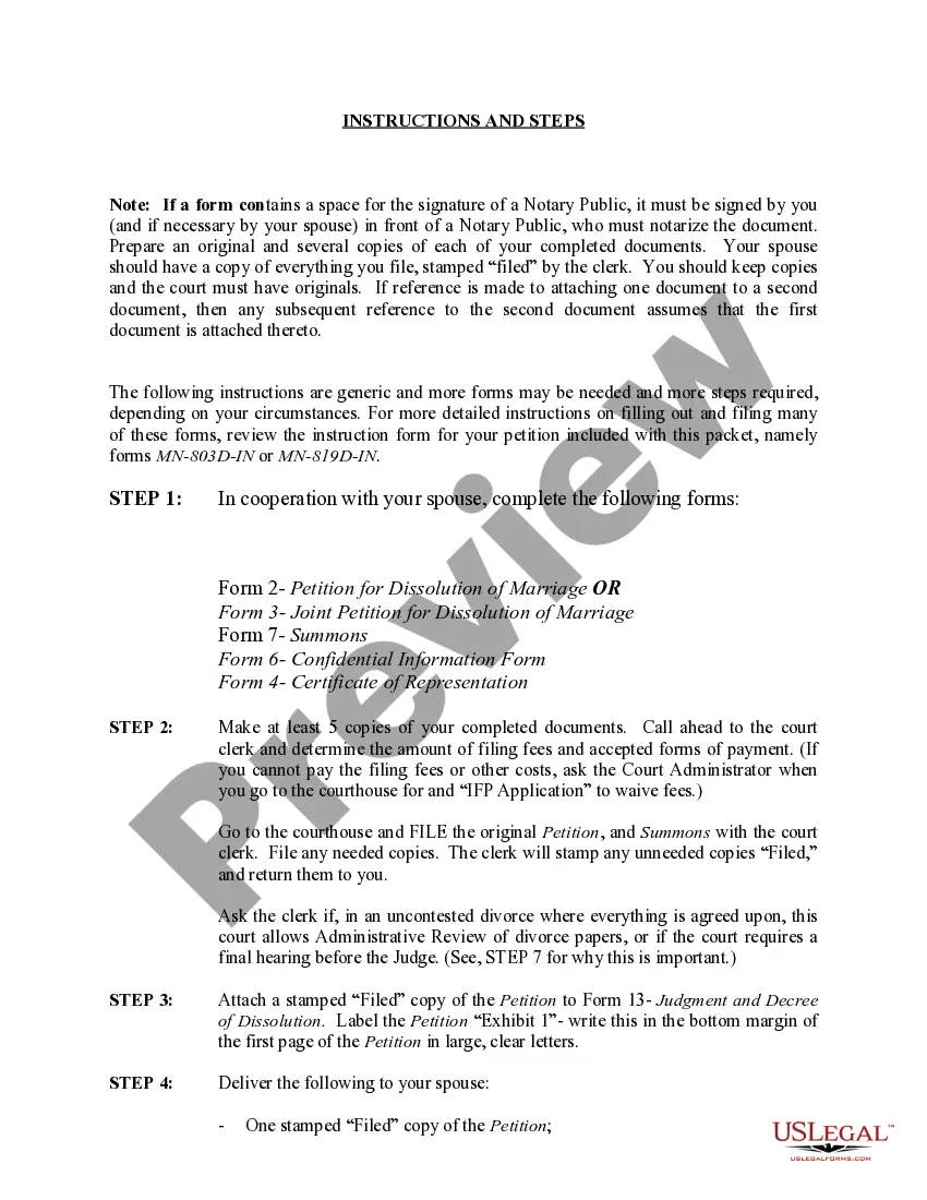 Preview Minnesota No-Fault Uncontested Agreed Divorce Package for Dissolution of Marriage with Adult Children and with or without Property and Debts