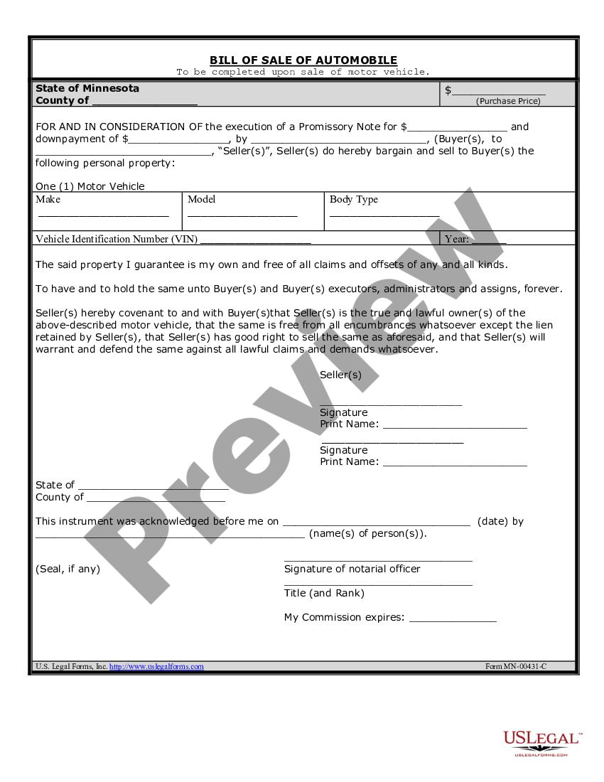 Minnesota Bill Of Sale For Automobile Or Vehicle Including Odometer ...