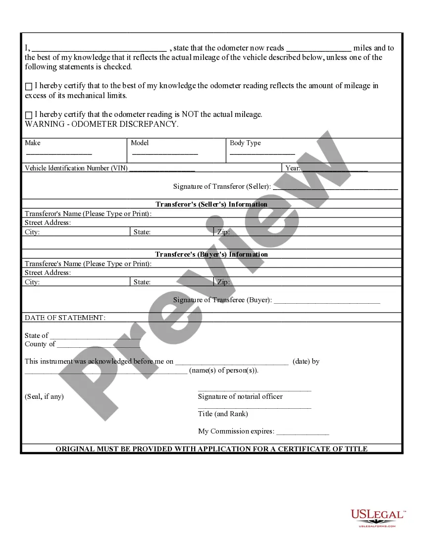 Preview Bill of Sale of Automobile and Odometer Statement