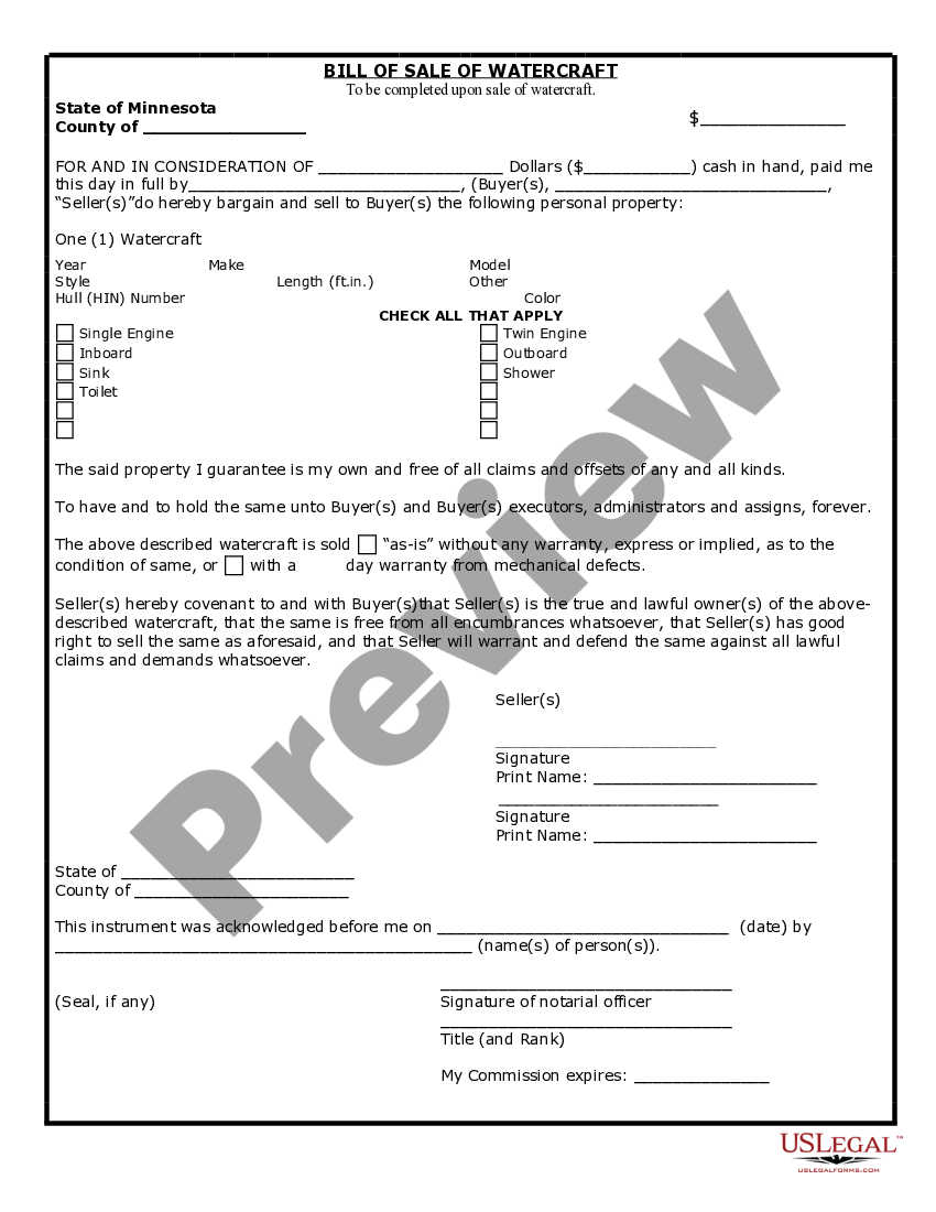 Minnesota Bill of Sale for WaterCraft or Boat How To Sell A Boat In