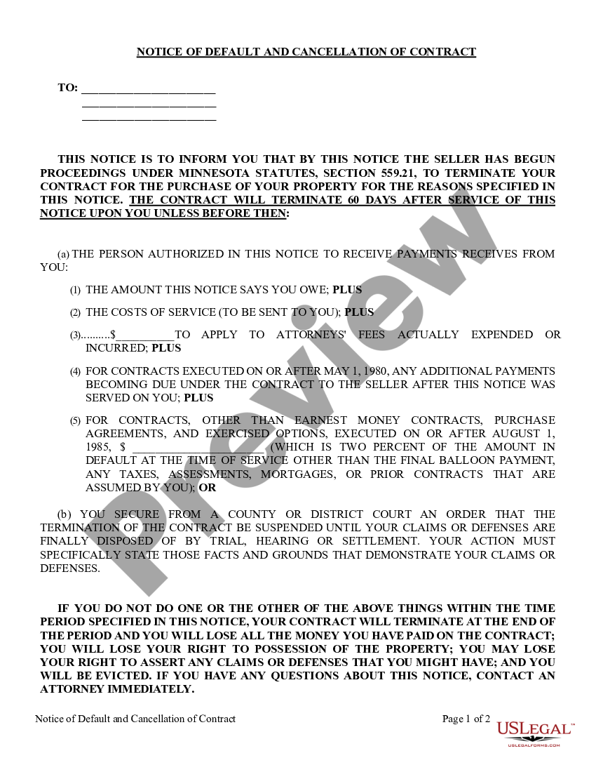 Minneapolis Minnesota General Notice of Default for Contract for Deed ...