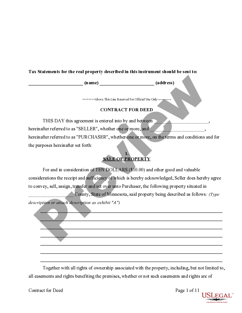 Minnesota Agreement or Contract for Deed for Sale and Purchase of Real