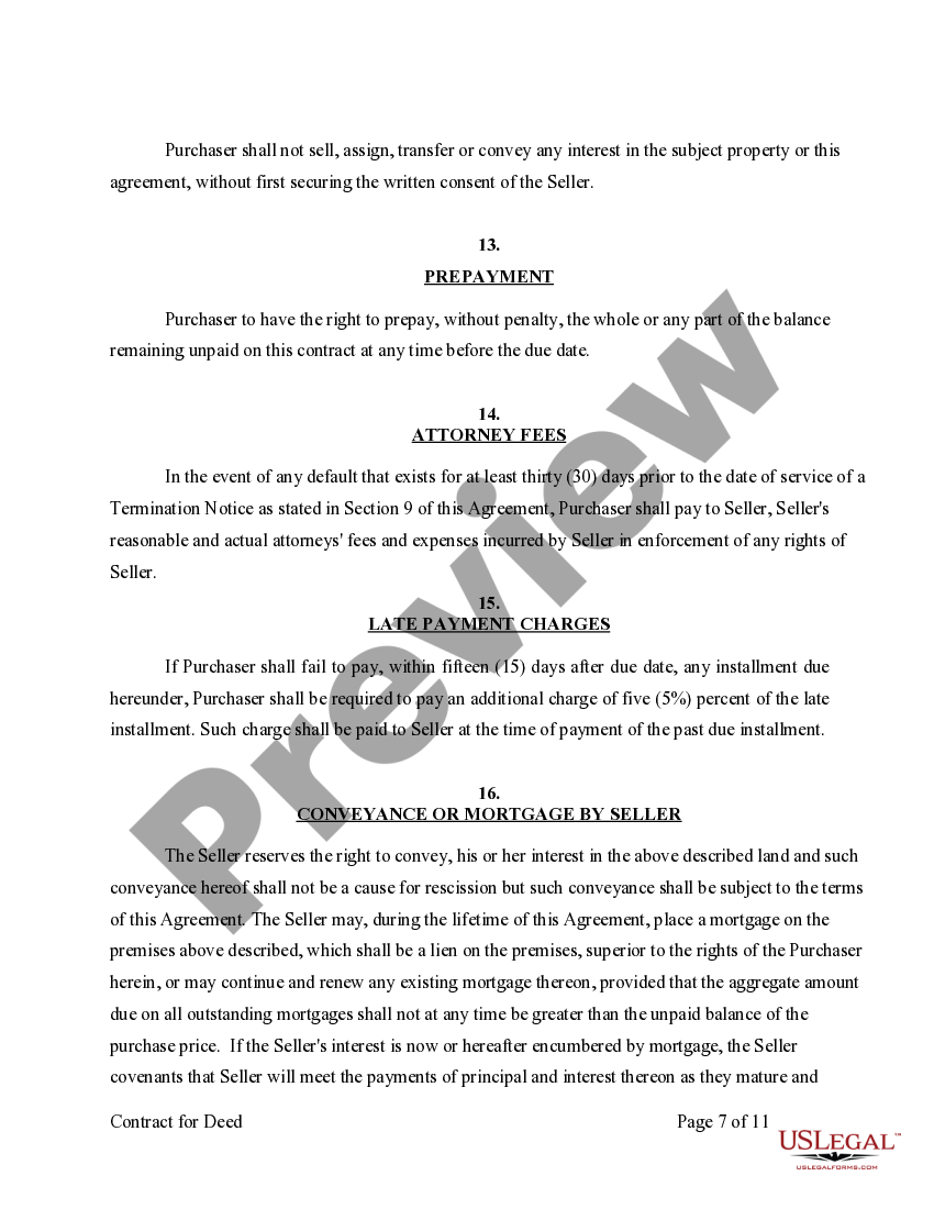 Minnesota Agreement or Contract for Deed for Sale and Purchase of Real