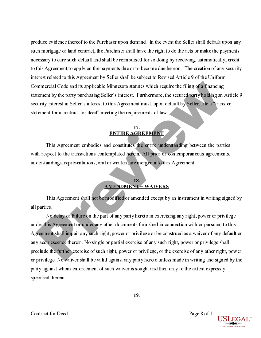 Minnesota Agreement or Contract for Deed for Sale and Purchase of Real
