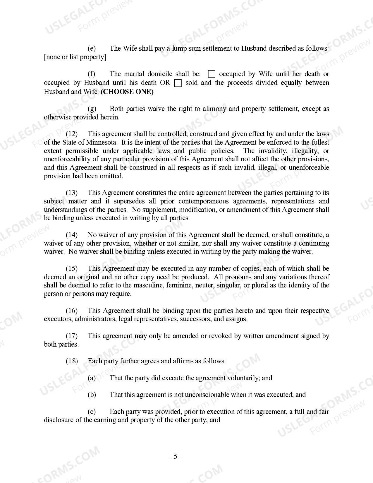 Preview Minnesota Prenuptial Premarital Agreement without Financial Statements