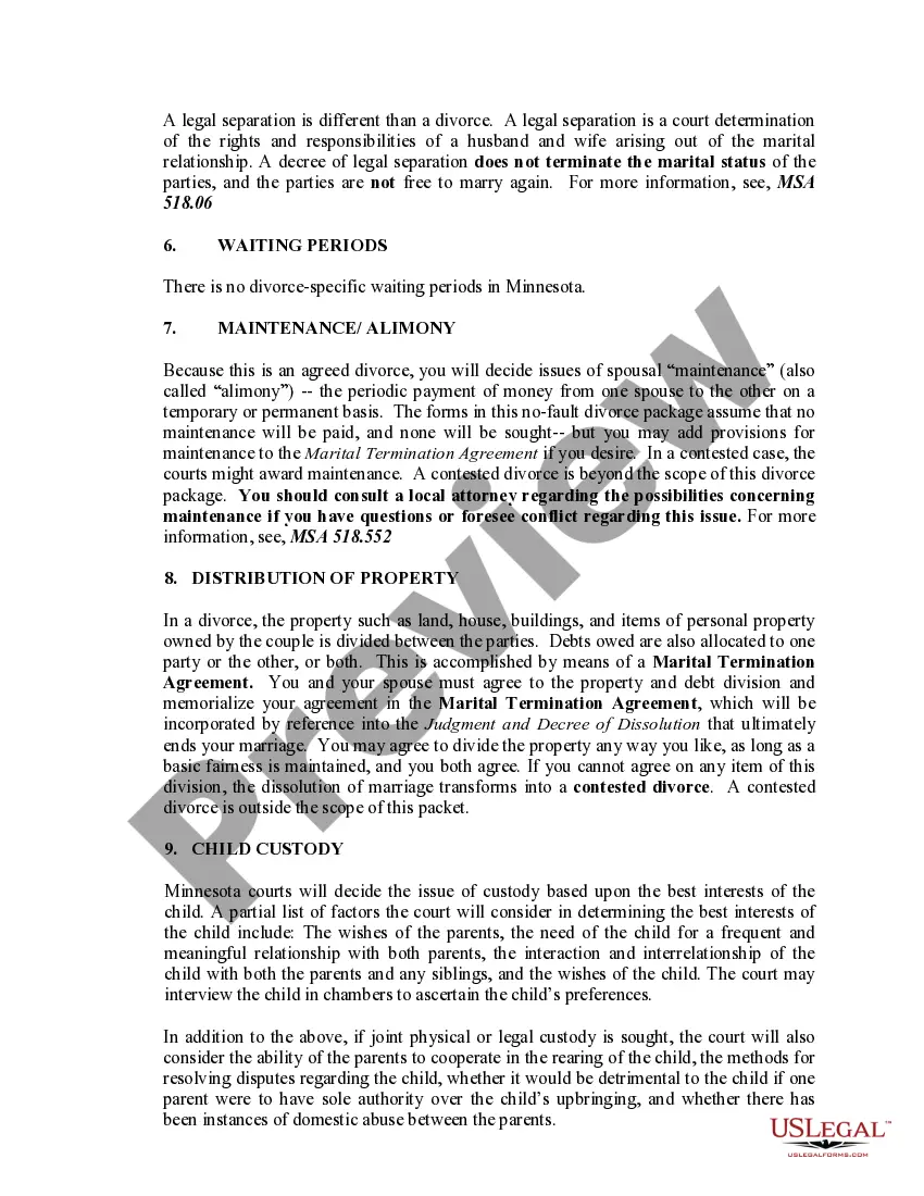 Preview Minnesota No-Fault Agreed Uncontested Divorce Package for Dissolution of Marriage for people with Minor Children