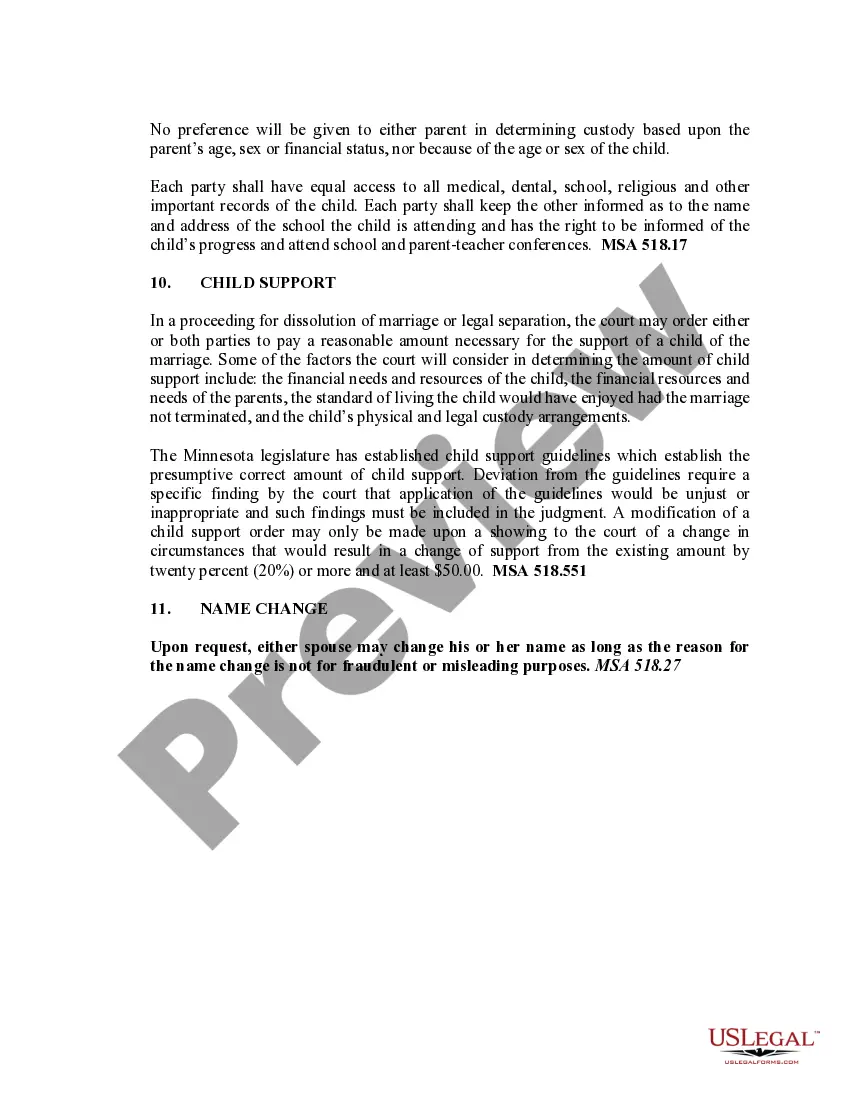 Preview Minnesota No-Fault Agreed Uncontested Divorce Package for Dissolution of Marriage for people with Minor Children