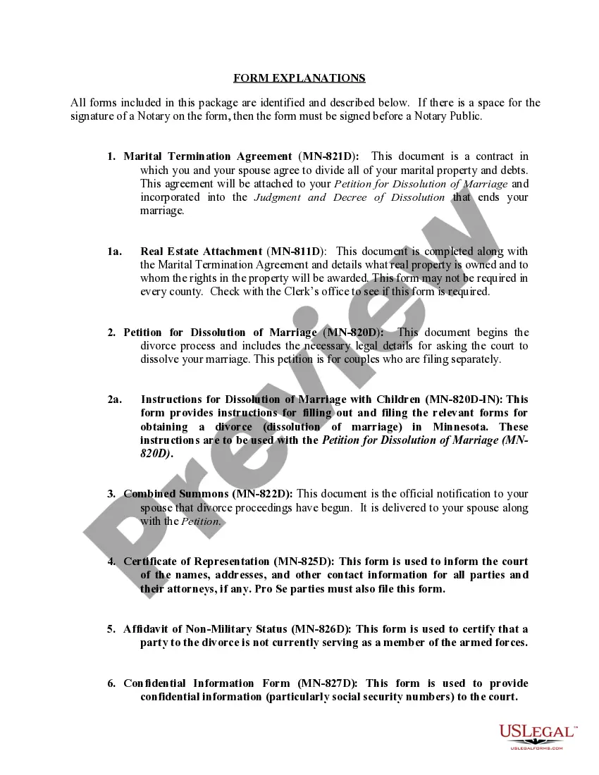 Preview Minnesota No-Fault Agreed Uncontested Divorce Package for Dissolution of Marriage for people with Minor Children