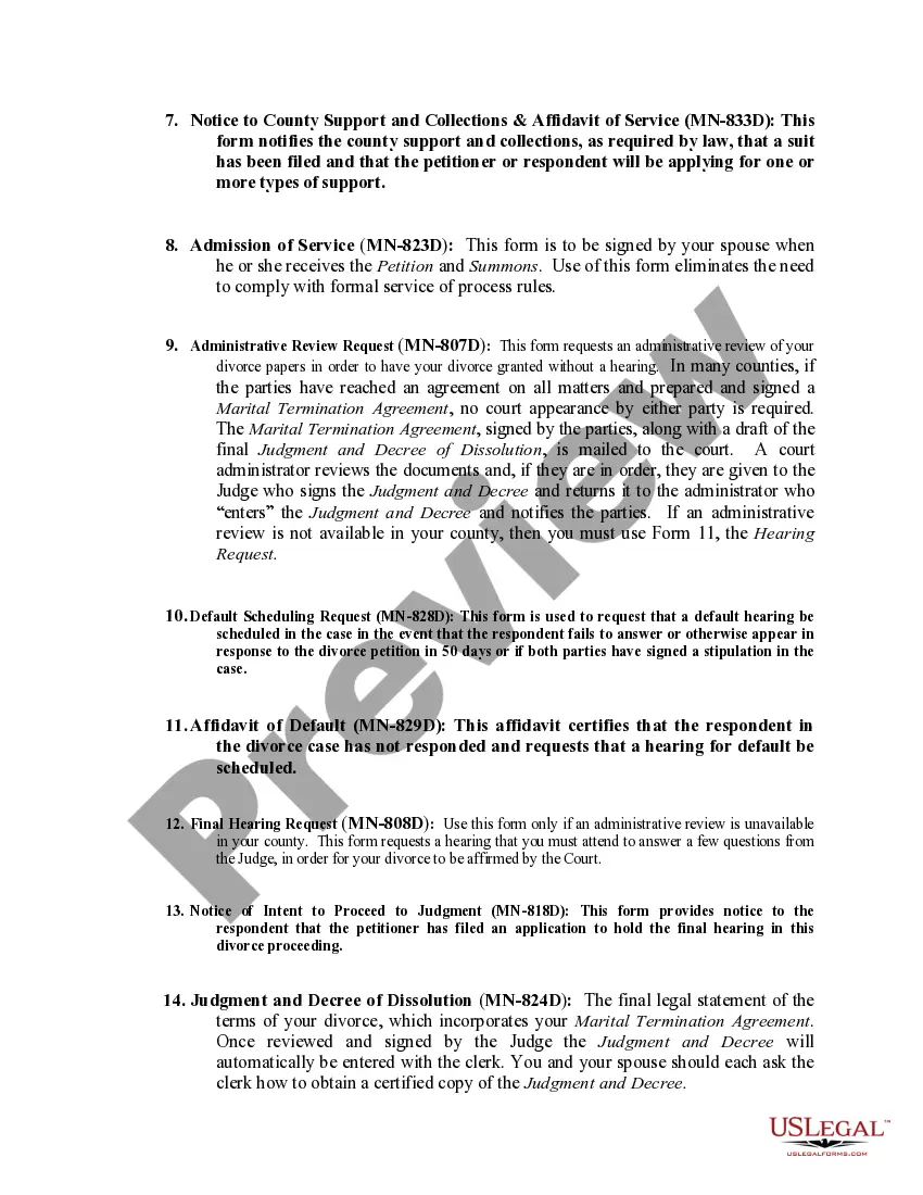 Preview Minnesota No-Fault Agreed Uncontested Divorce Package for Dissolution of Marriage for people with Minor Children