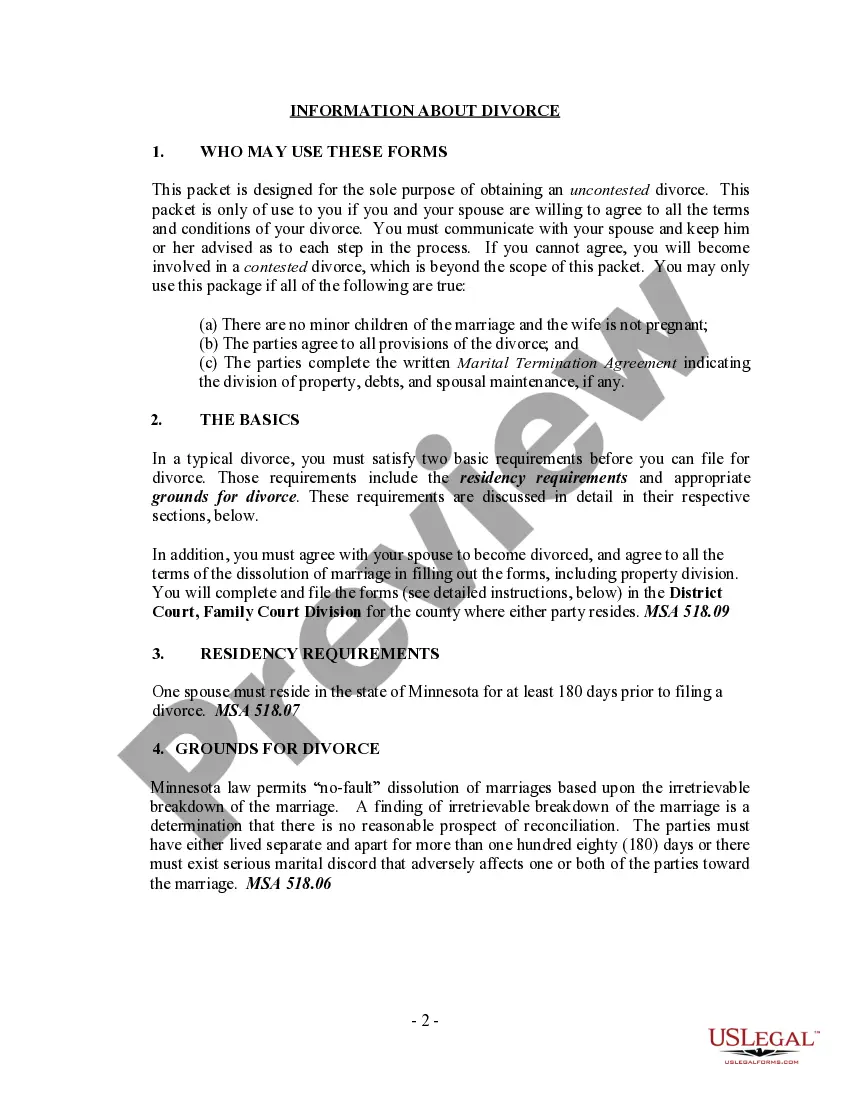 Preview Minnesota No-Fault Agreed Uncontested Divorce Package for Dissolution of Marriage for Persons with No Children with or without Property and Debts