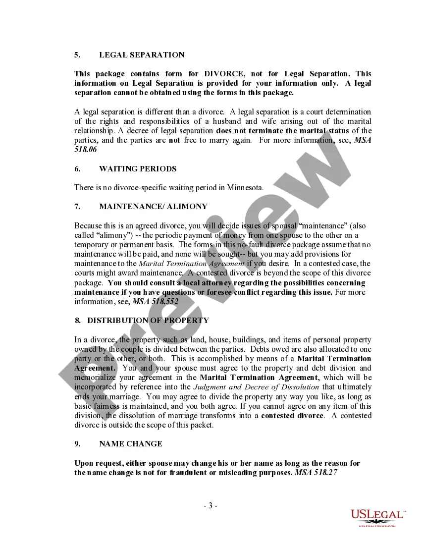 Preview Minnesota No-Fault Agreed Uncontested Divorce Package for Dissolution of Marriage for Persons with No Children with or without Property and Debts