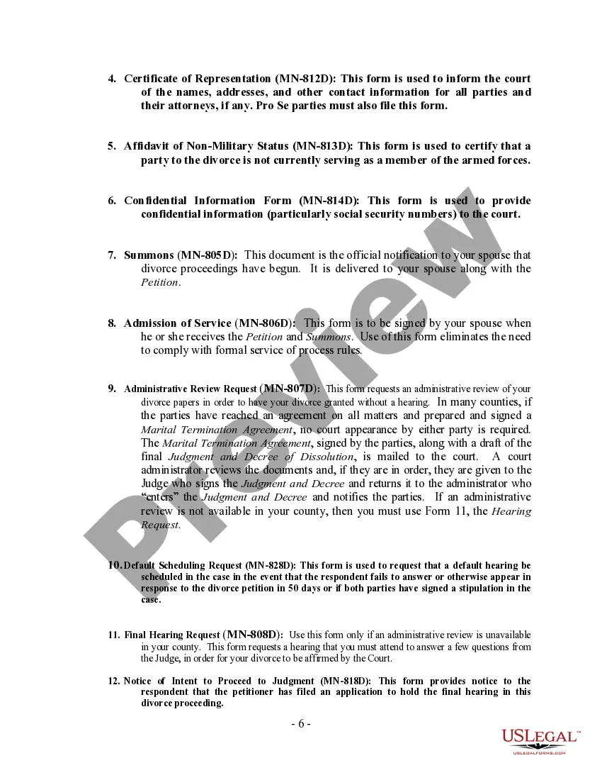Preview Minnesota No-Fault Agreed Uncontested Divorce Package for Dissolution of Marriage for Persons with No Children with or without Property and Debts