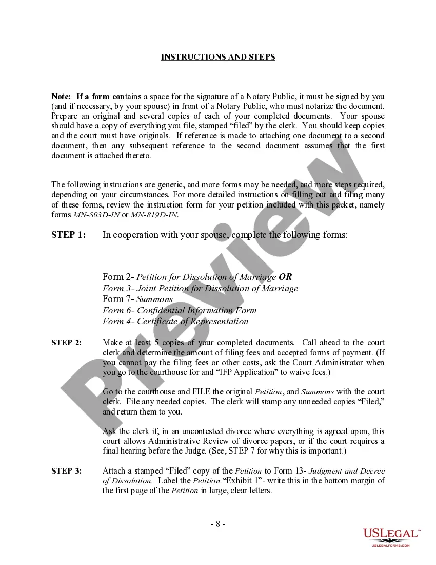 Preview Minnesota No-Fault Agreed Uncontested Divorce Package for Dissolution of Marriage for Persons with No Children with or without Property and Debts