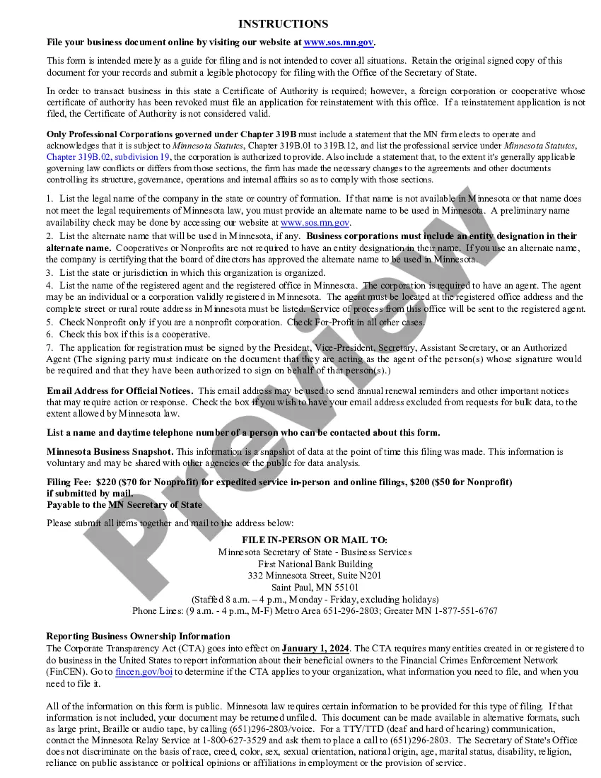 Preview Minnesota Registration of Foreign Corporation