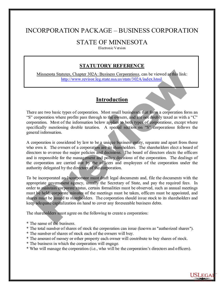 page 1 Minnesota Business Incorporation Package to Incorporate Corporation preview