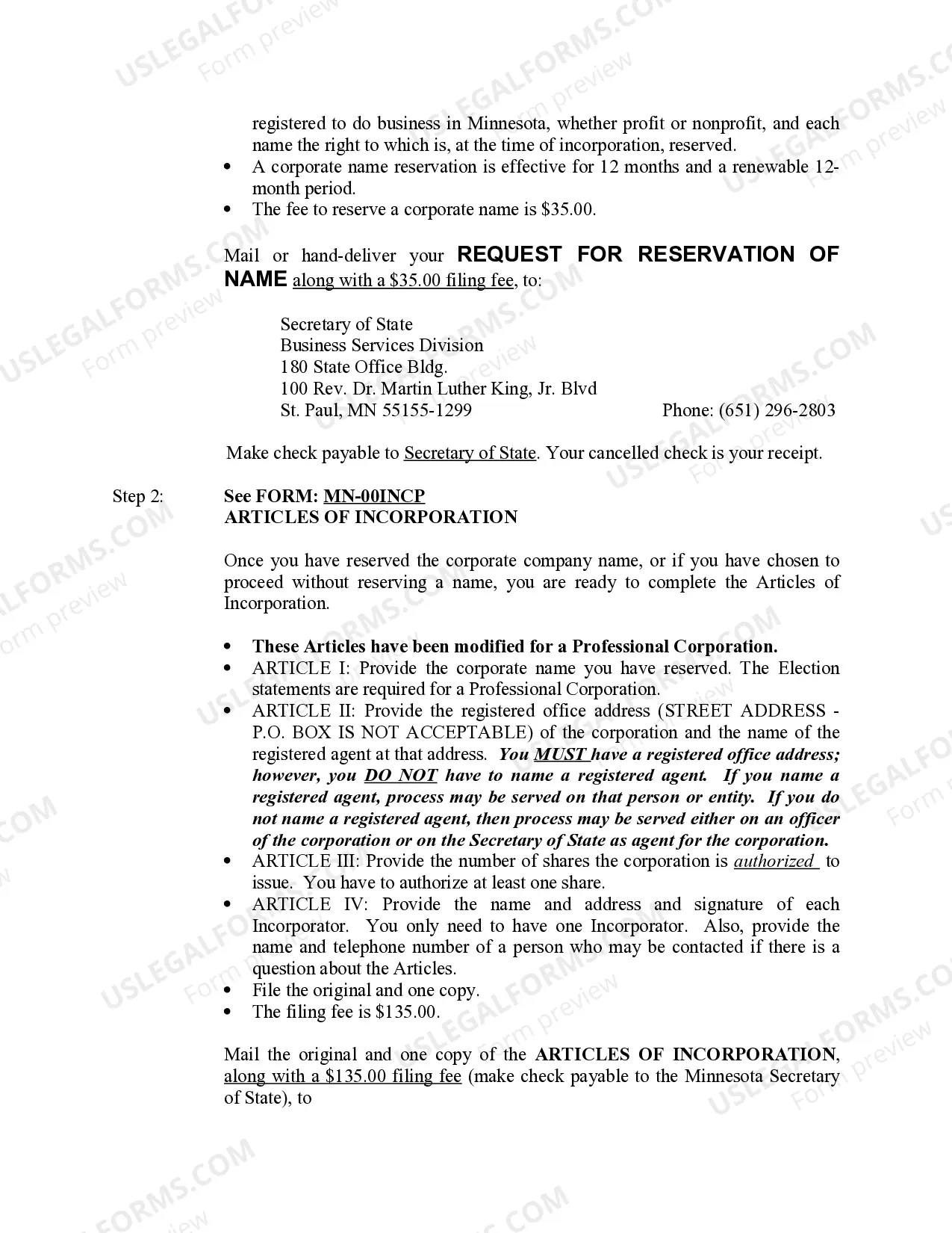 Preview Professional Corporation Package for Minnesota