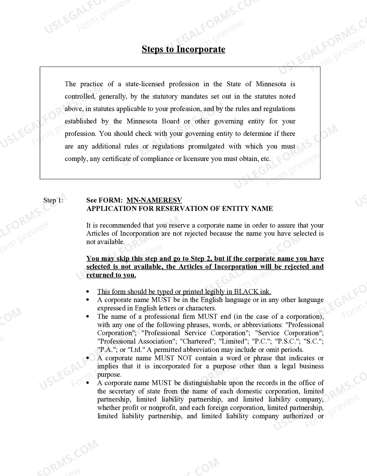 Preview Professional Corporation Package for Minnesota