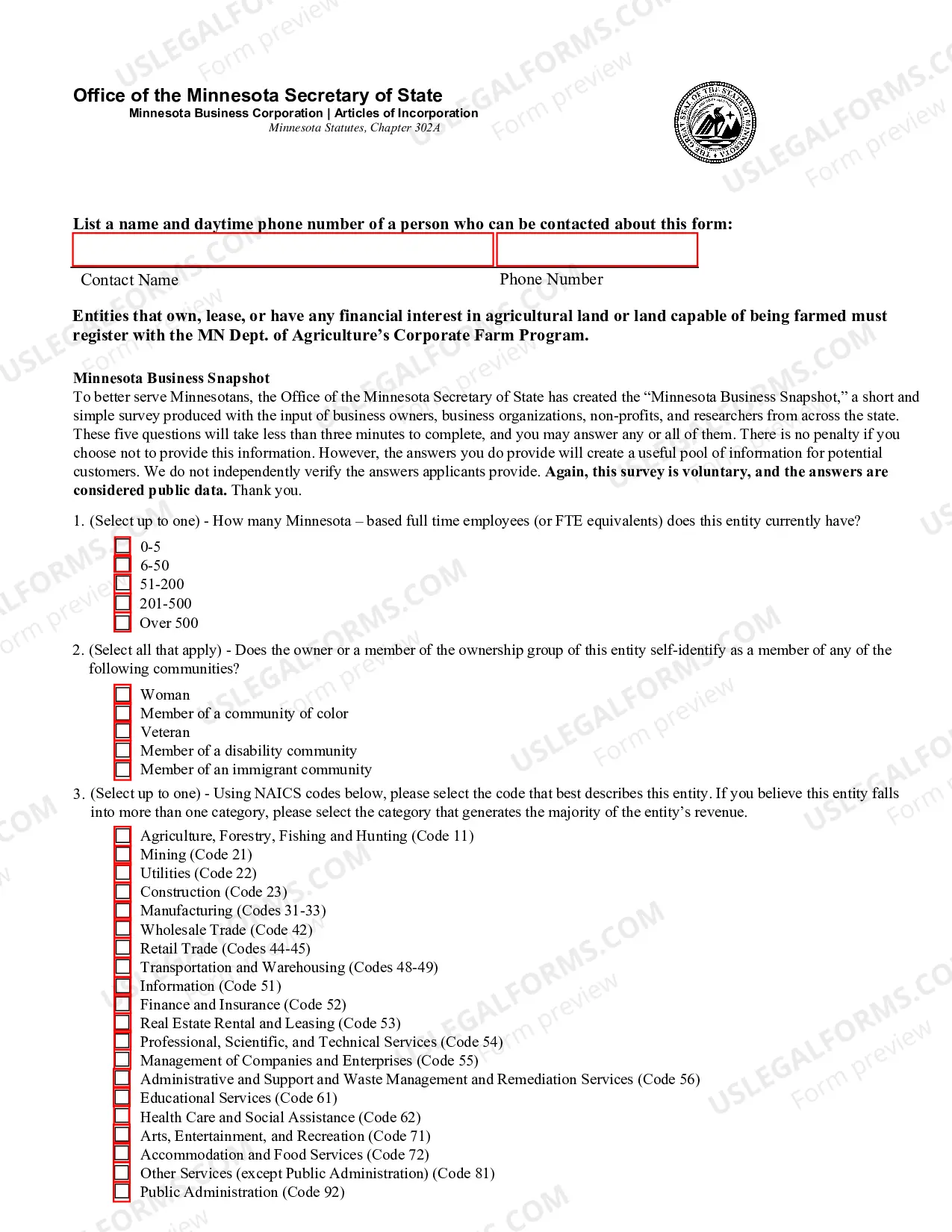 Preview Minnesota Articles of Incorporation for Domestic For-Profit Corporation