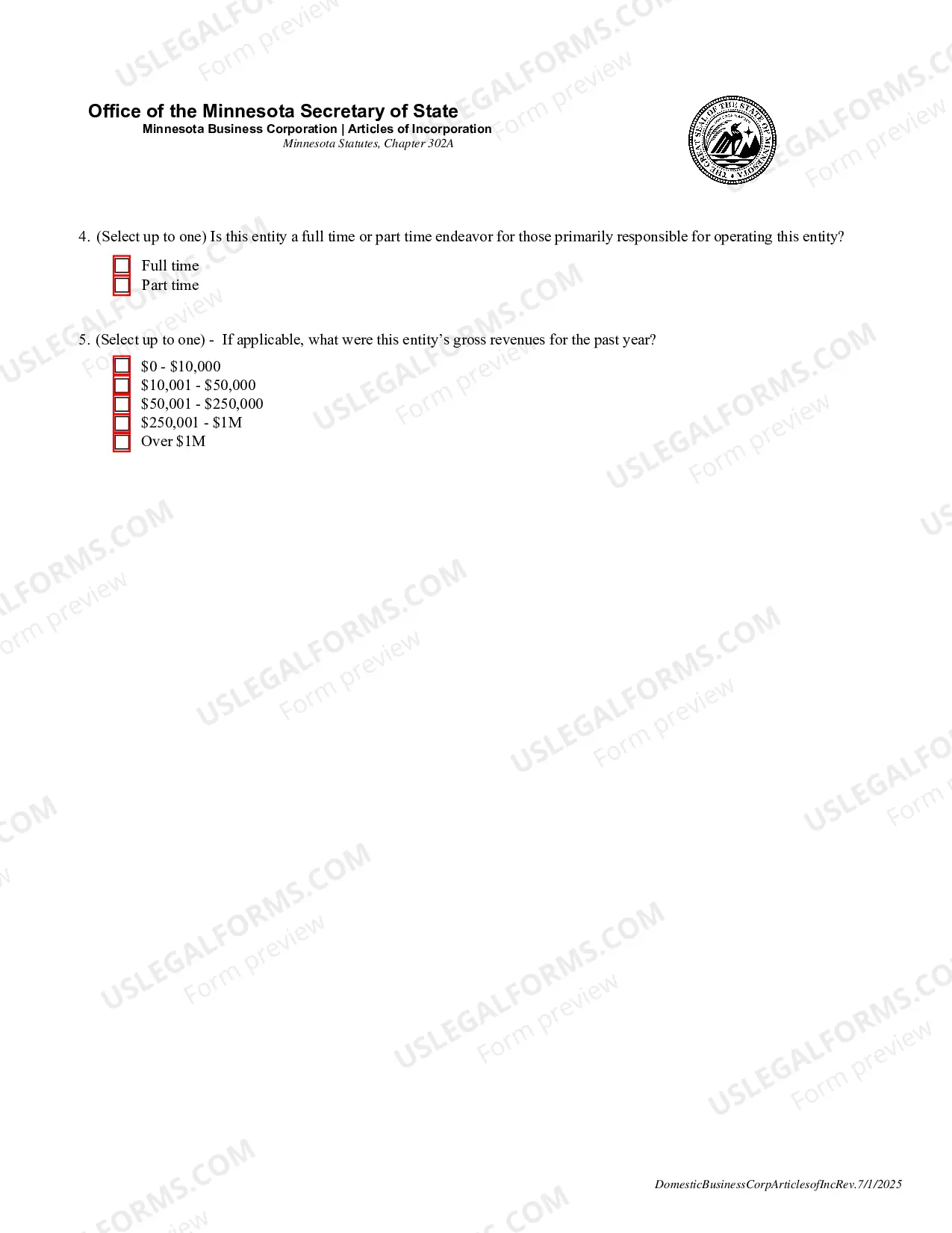 Preview Minnesota Articles of Incorporation for Domestic For-Profit Corporation