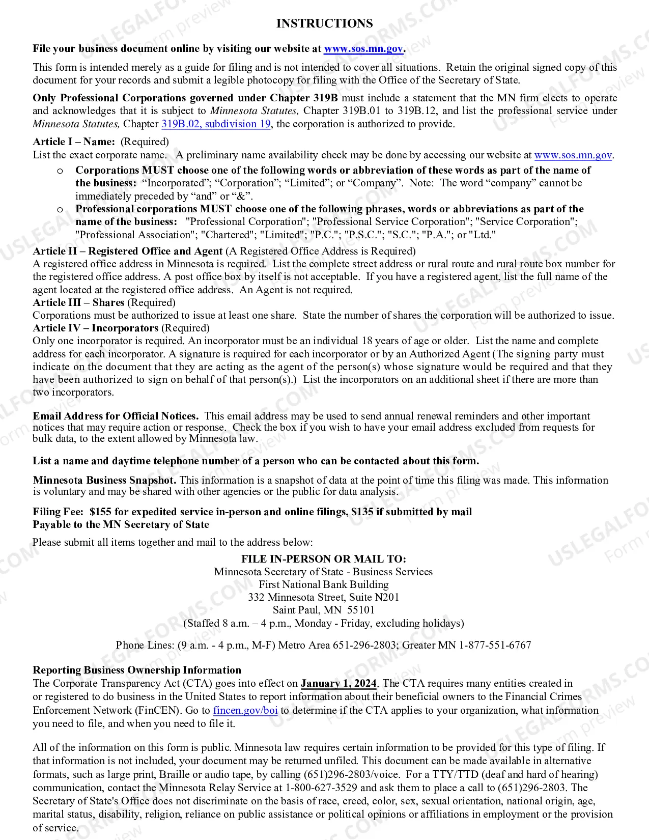 Preview Minnesota Articles of Incorporation for Domestic For-Profit Corporation