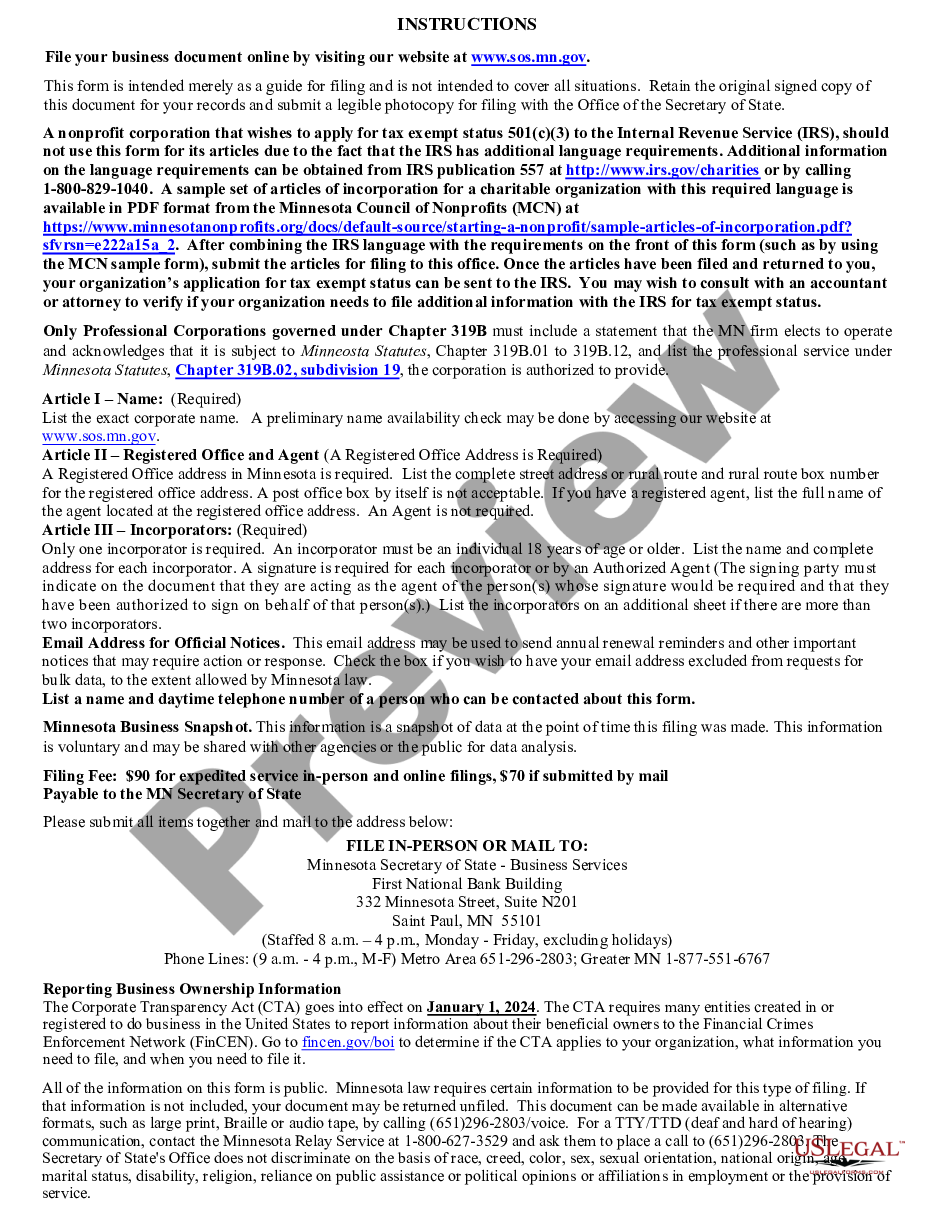 page 3 Minnesota Articles of Incorporation for Professional Corporation preview