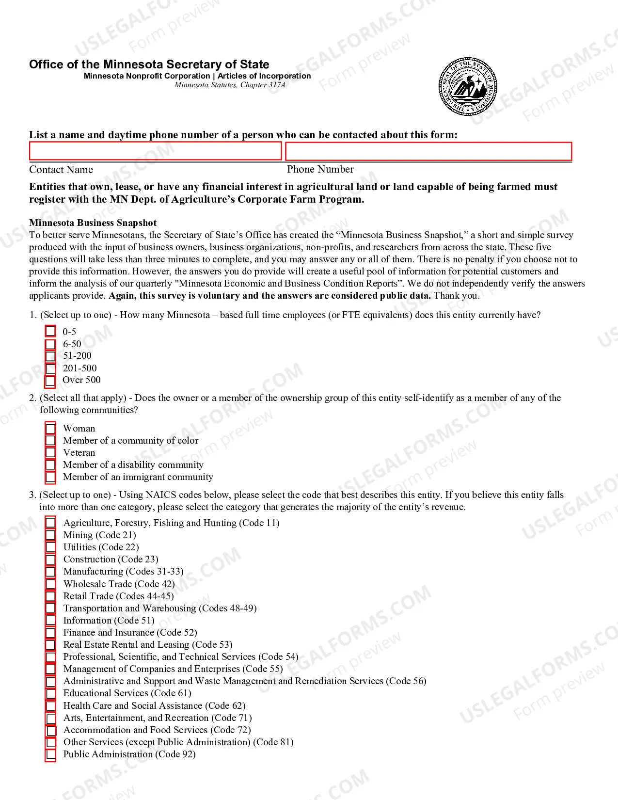Preview Minnesota Articles of Incorporation for Domestic Nonprofit Corporation