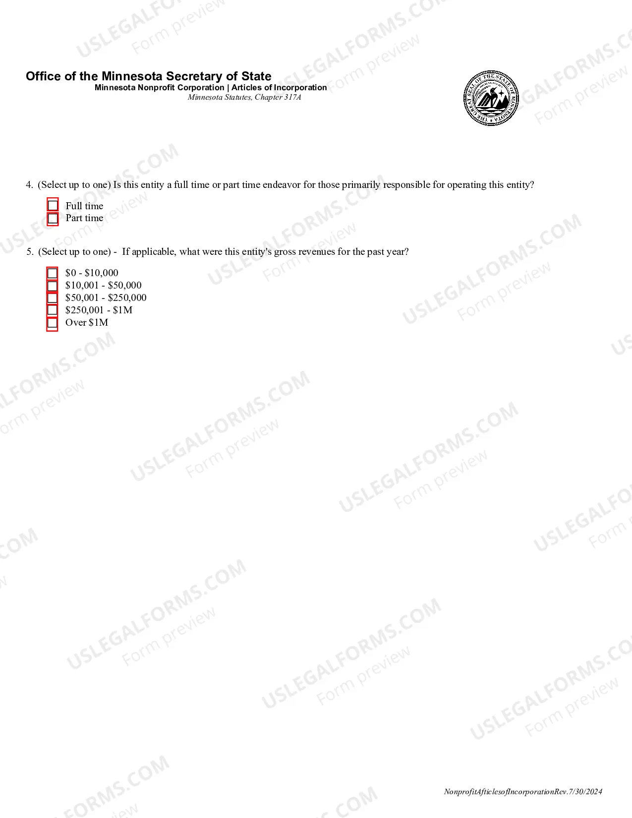 Preview Minnesota Articles of Incorporation for Domestic Nonprofit Corporation