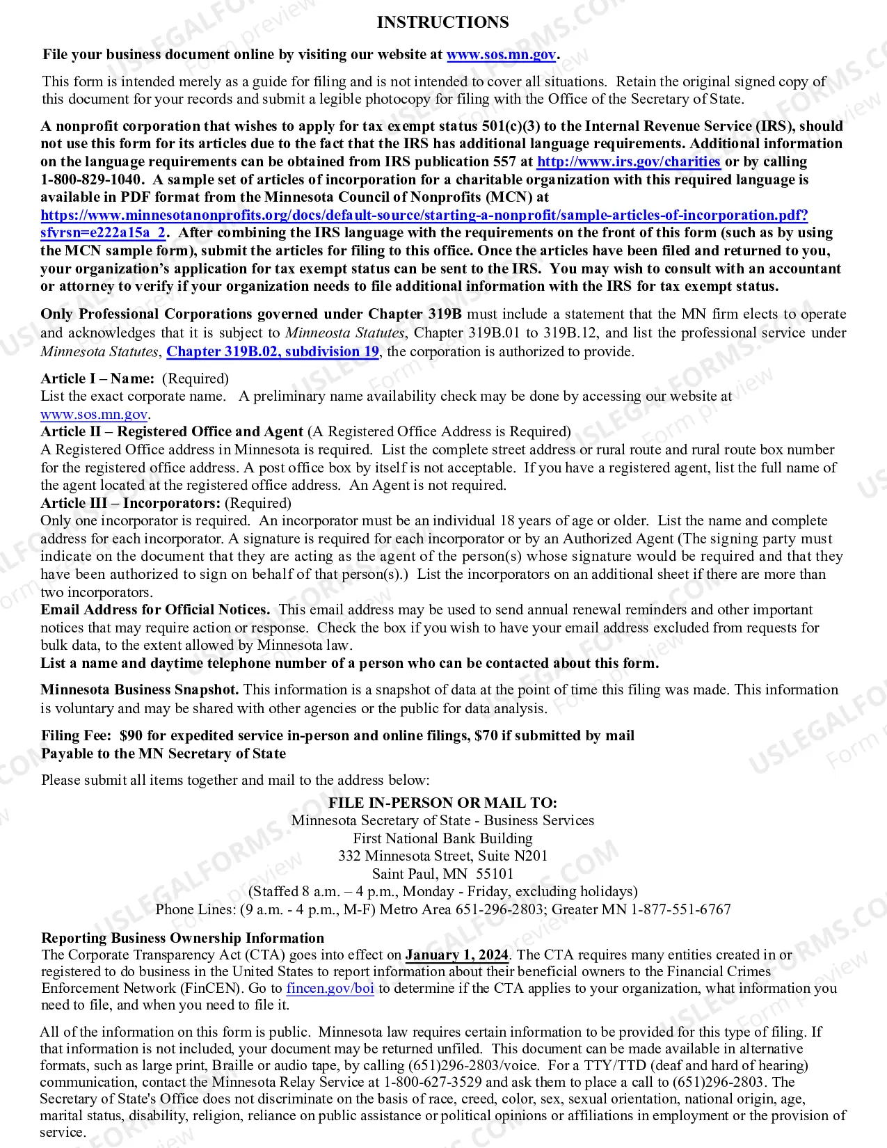Preview Minnesota Articles of Incorporation for Domestic Nonprofit Corporation