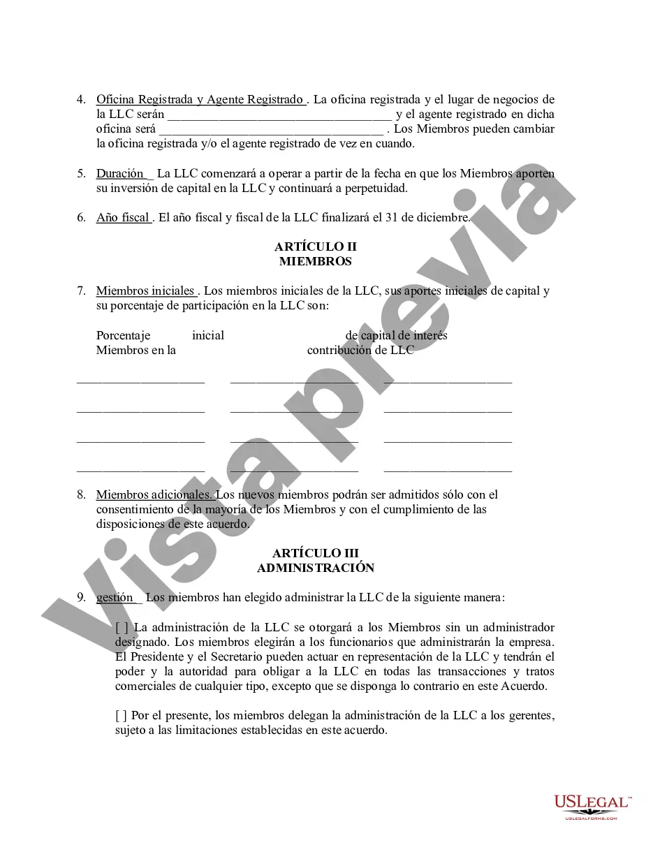 Preview Acuerdo Operativo de Sociedad de Responsabilidad Limitada LLC