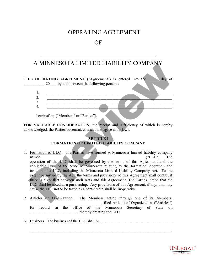 Minnesota Limited Liability Company LLC Operating Agreement Limited