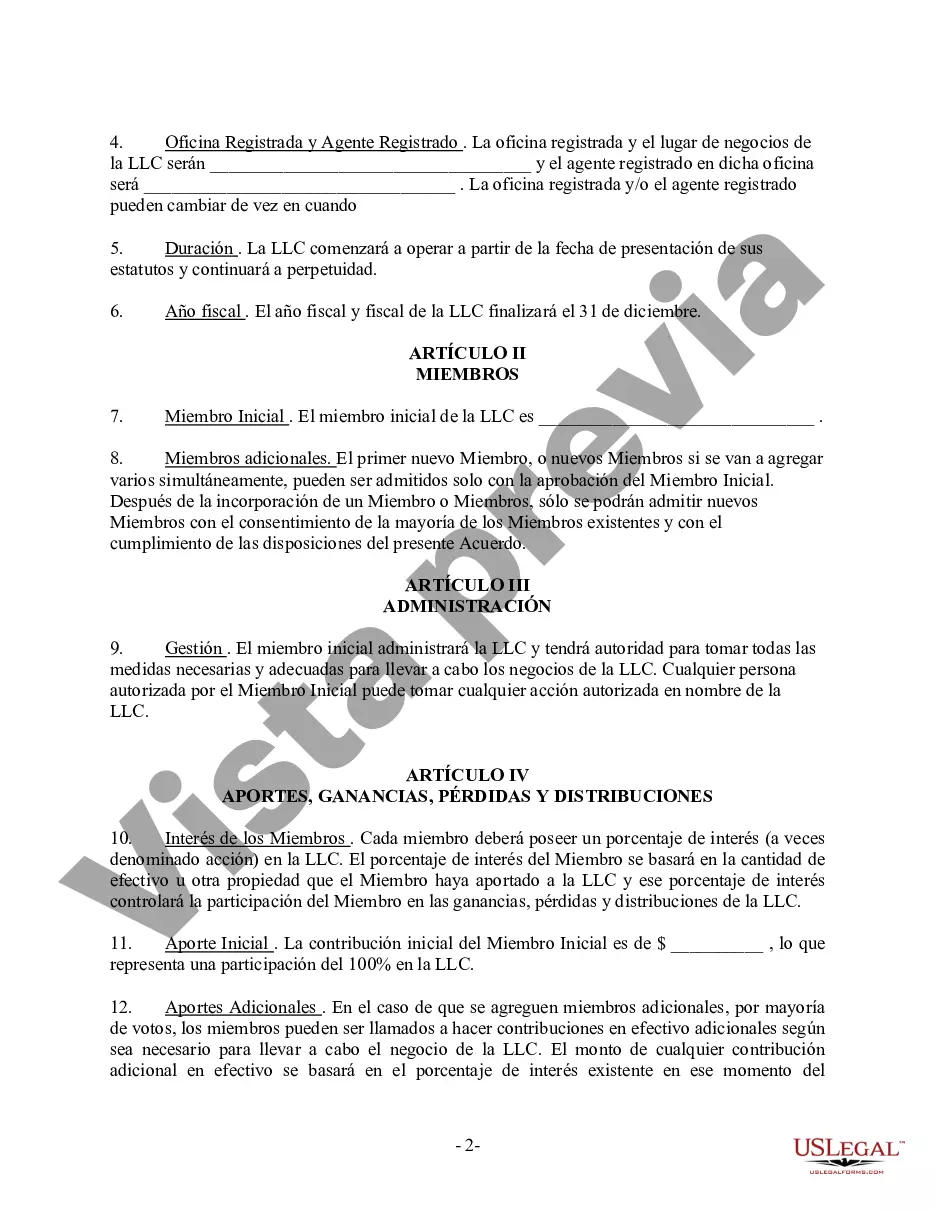 Preview Acuerdo Operativo LLC de Sociedad de Responsabilidad Limitada de Miembro Único