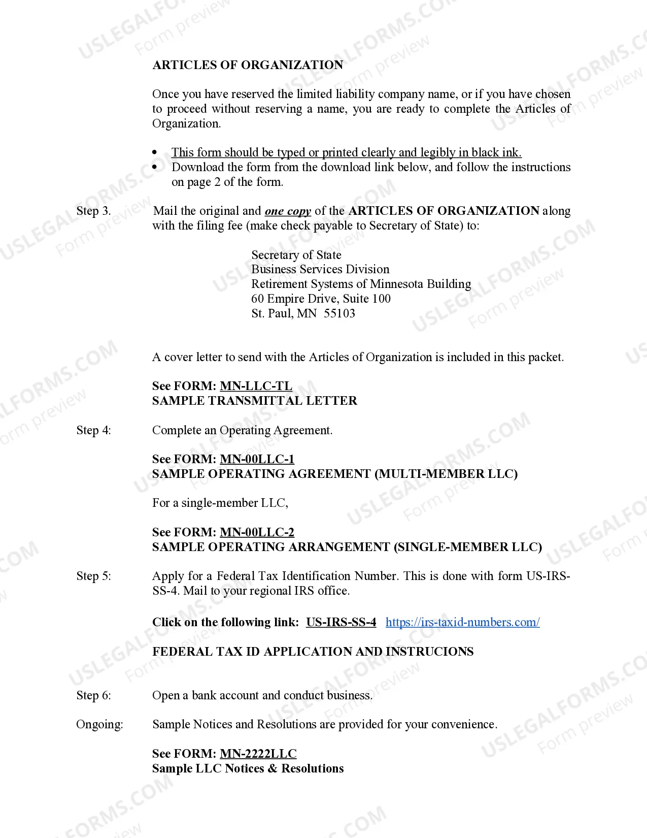 Preview Minnesota Limited Liability Company LLC Formation Package