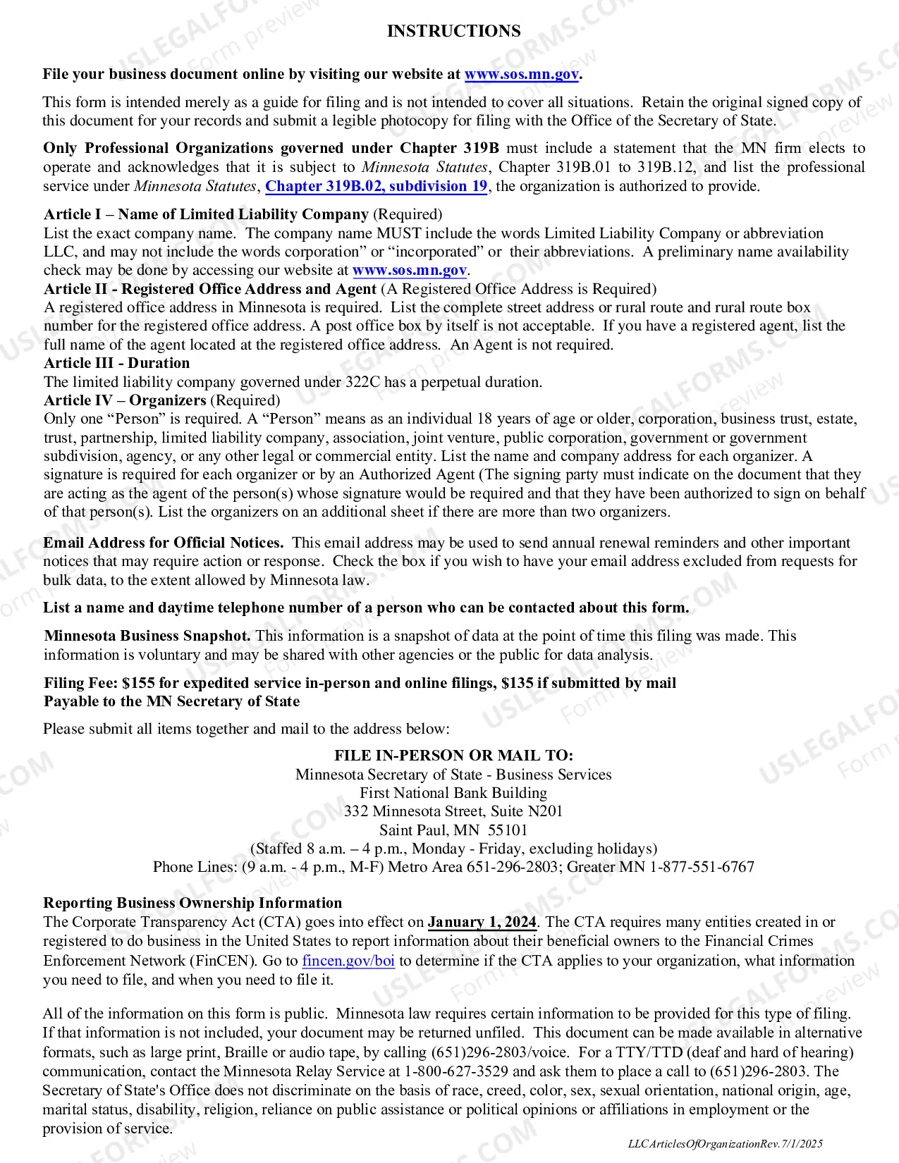 Preview Minnesota Articles of Organization for Domestic Limited Liability Company LLC