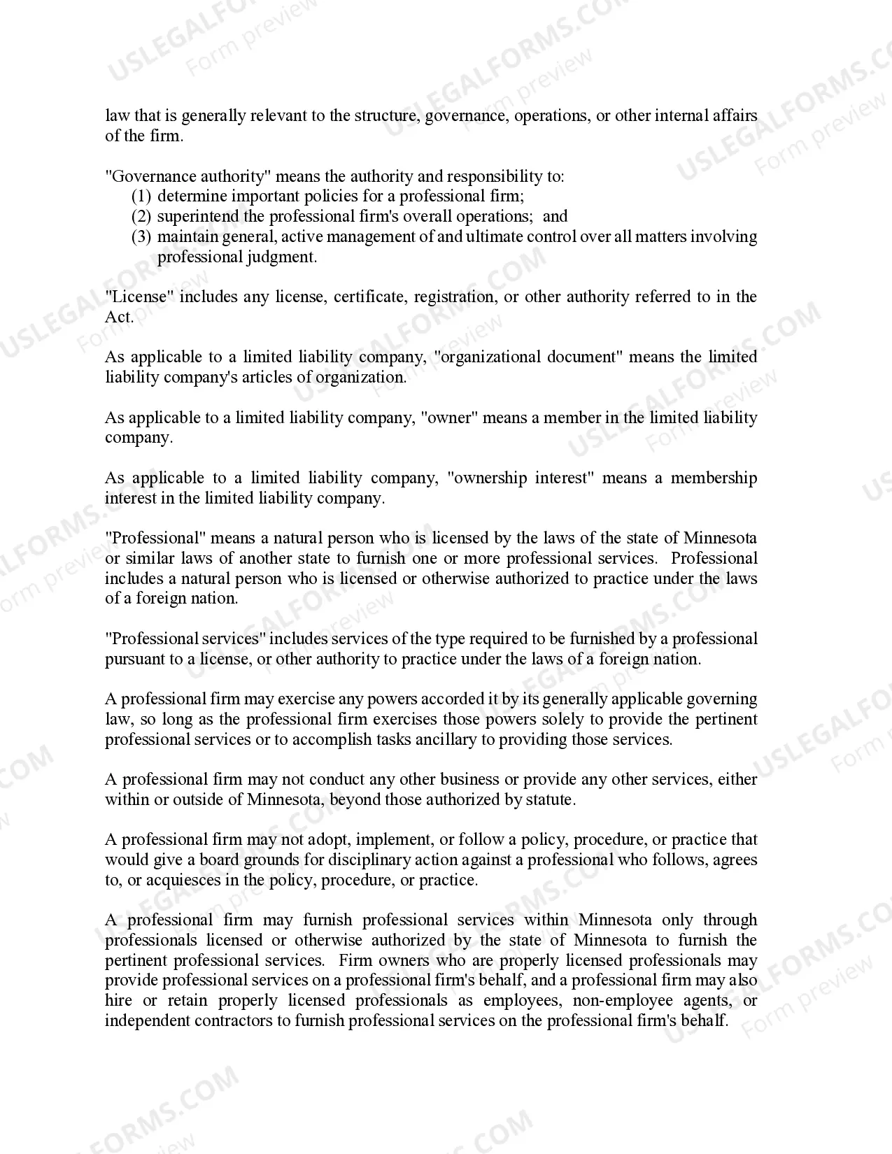 Preview Minnesota Professional Limited Liability Company PLLC Formation Package