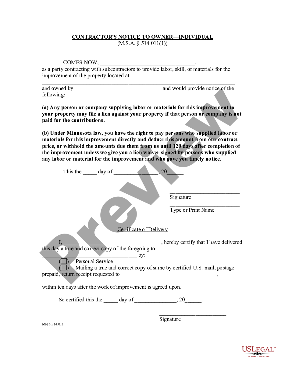 form Contractor's Notice to Owner - Individual preview