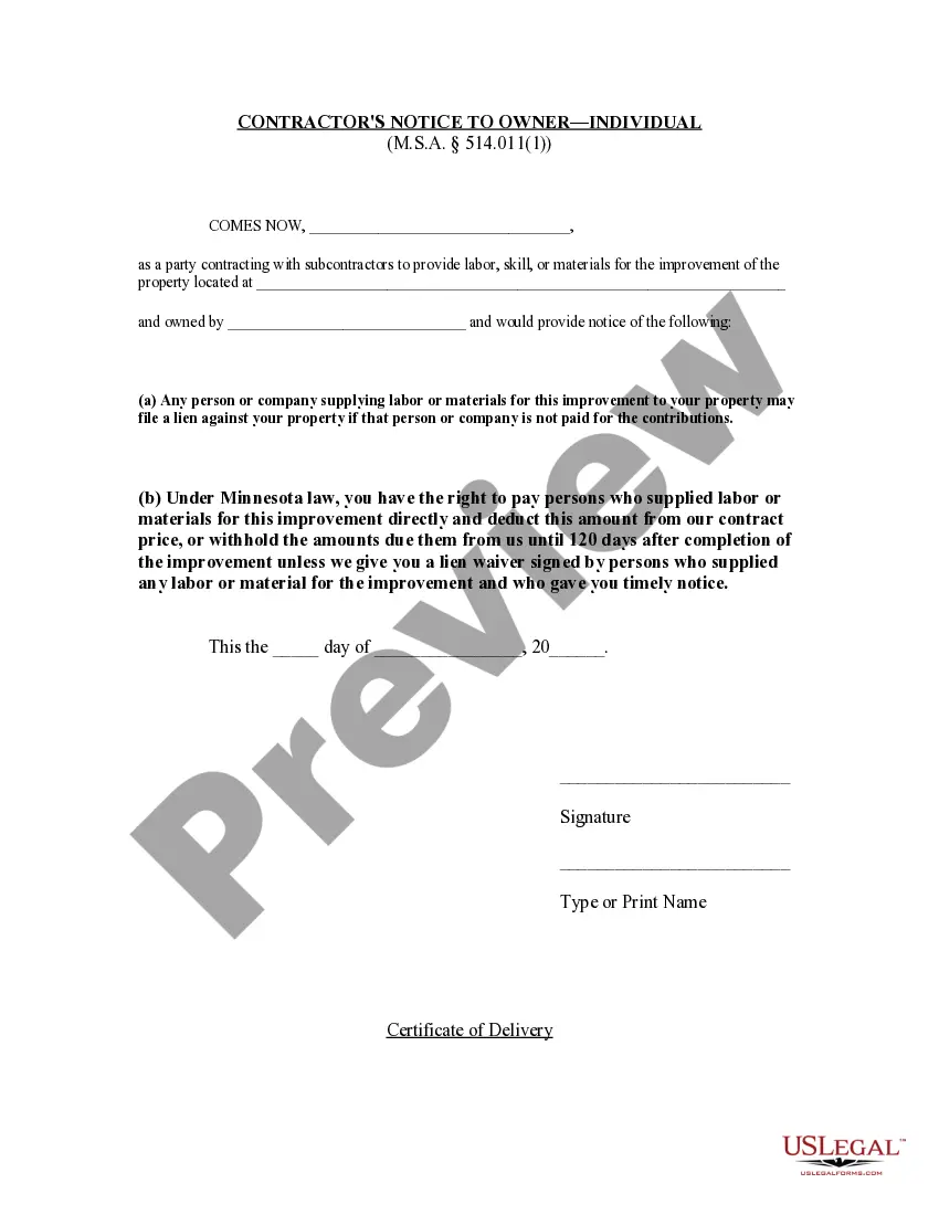 Preview Contractor's Notice to Owner - Individual