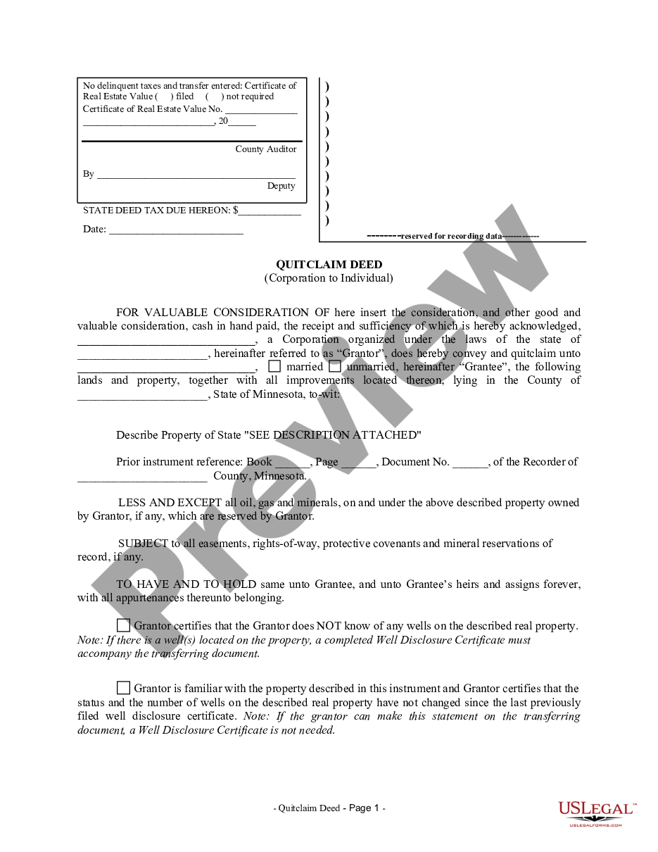 page 0 Quitclaim Deed from Corporation to Individual preview