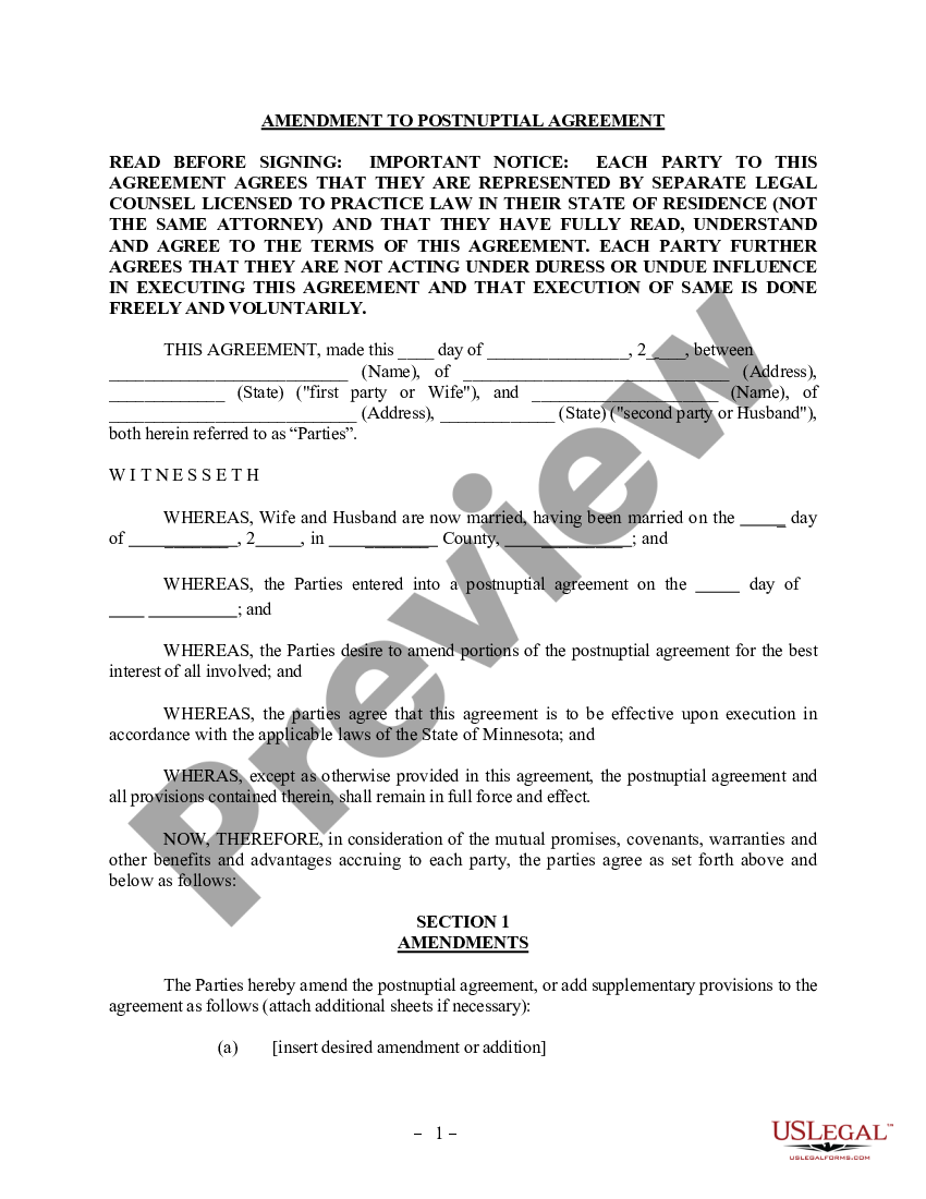 Amendment to Postnuptial Property Agreement - Minnesota | US Legal Forms