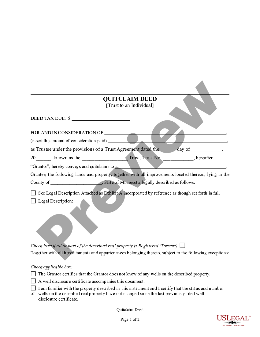 Minnesota Quitclaim Deed Trust To An Individual Deed Trust To Individual Us Legal Forms 5040