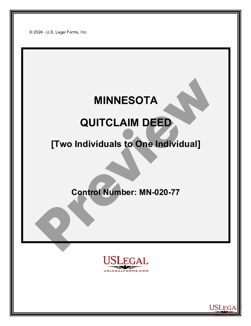 Minnesota Quitclaim Deed Two Individuals To One Individual Us Legal Forms 5395