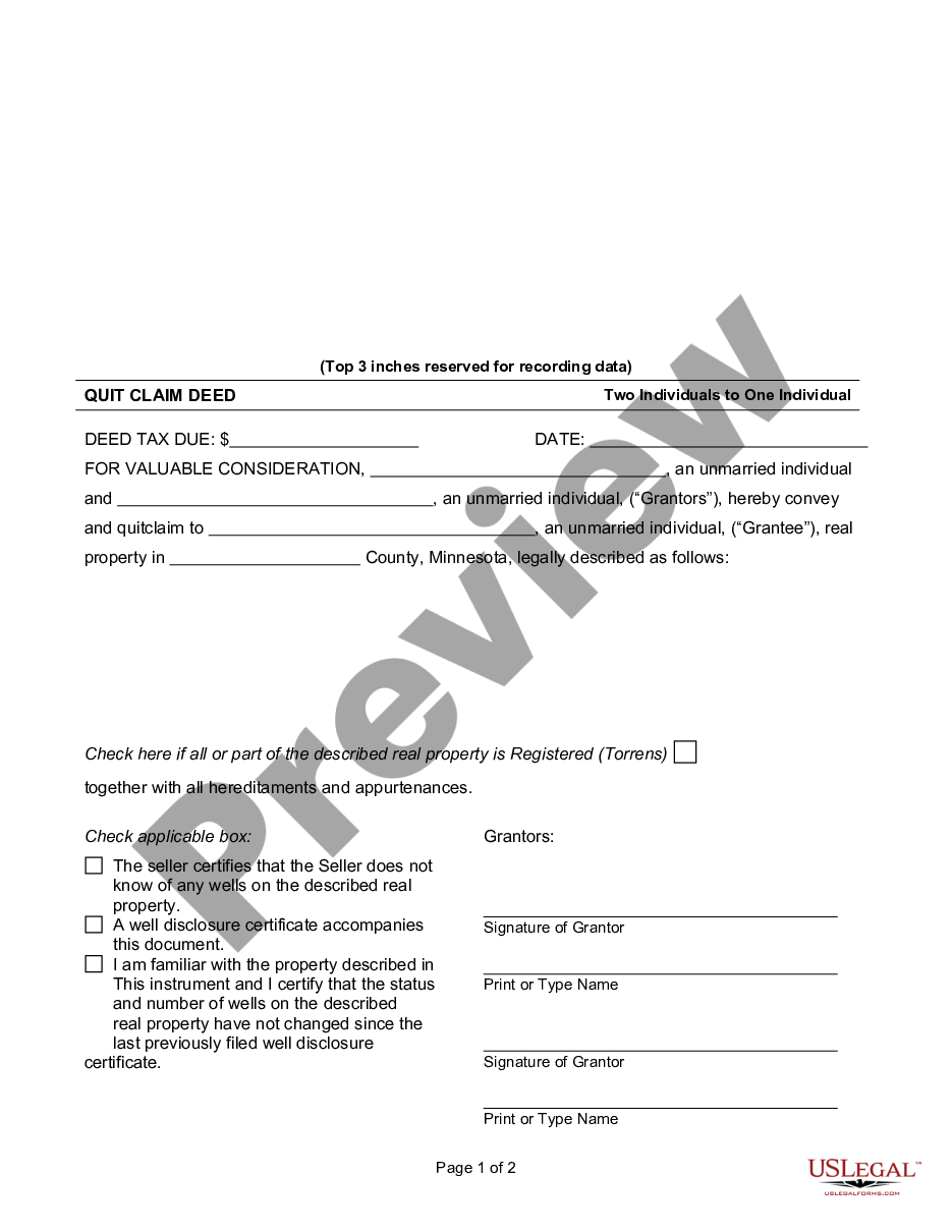 Minnesota Quitclaim Deed Two Individuals To One Individual Us Legal Forms 3553