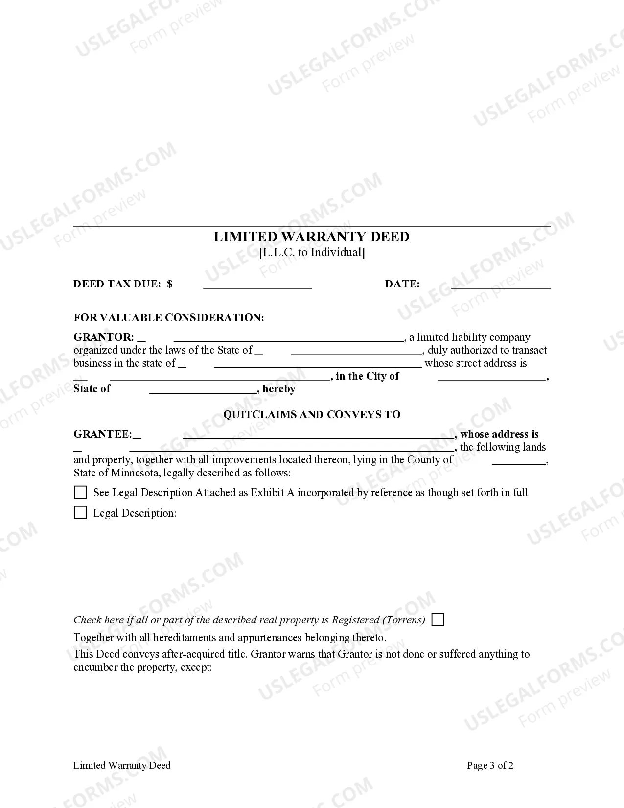 Preview Limited Warranty Deed from a Limited Liability Company to an Individual