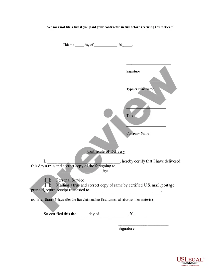 Preview Subcontractor's Notice to Owner - Corporation or LLC