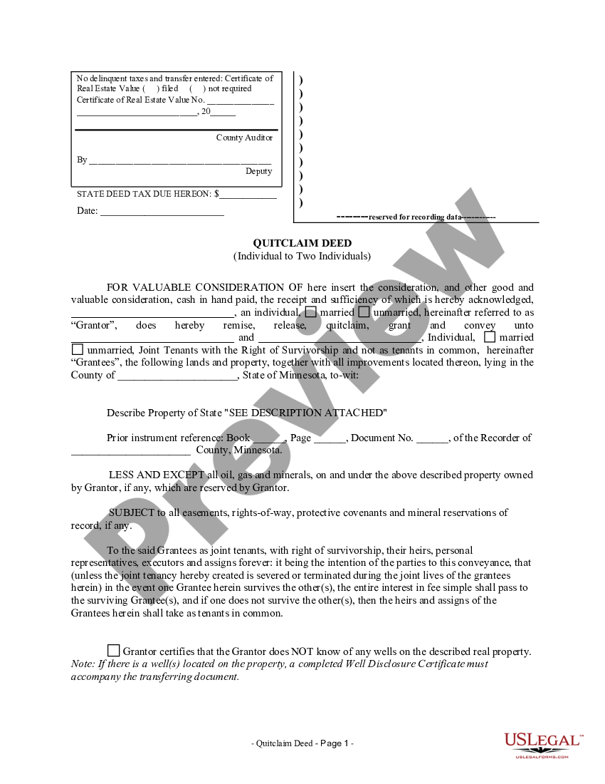 Minnesota Quitclaim Deed from Individual to Two Individuals in Joint ...