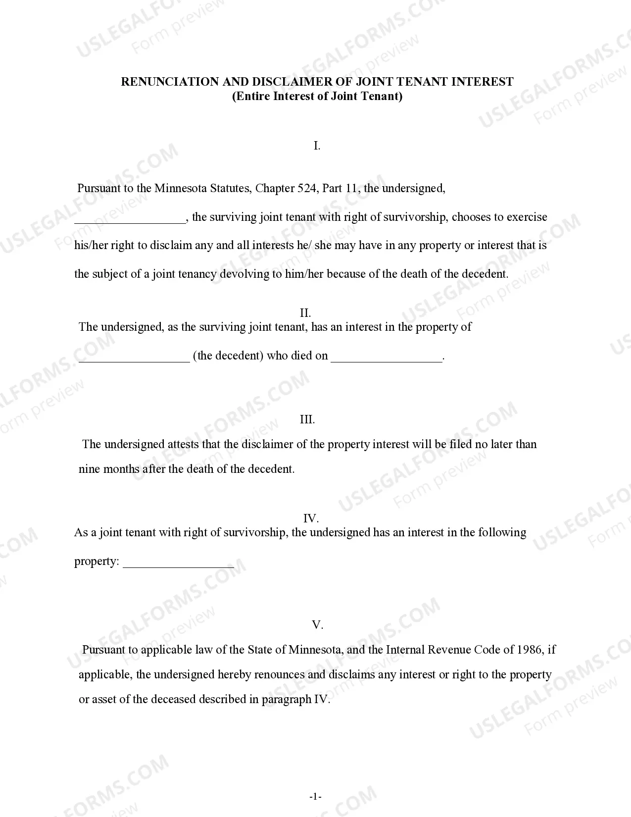 Preview Renunciation and Disclaimer of Entire Interest of Joint Tenant