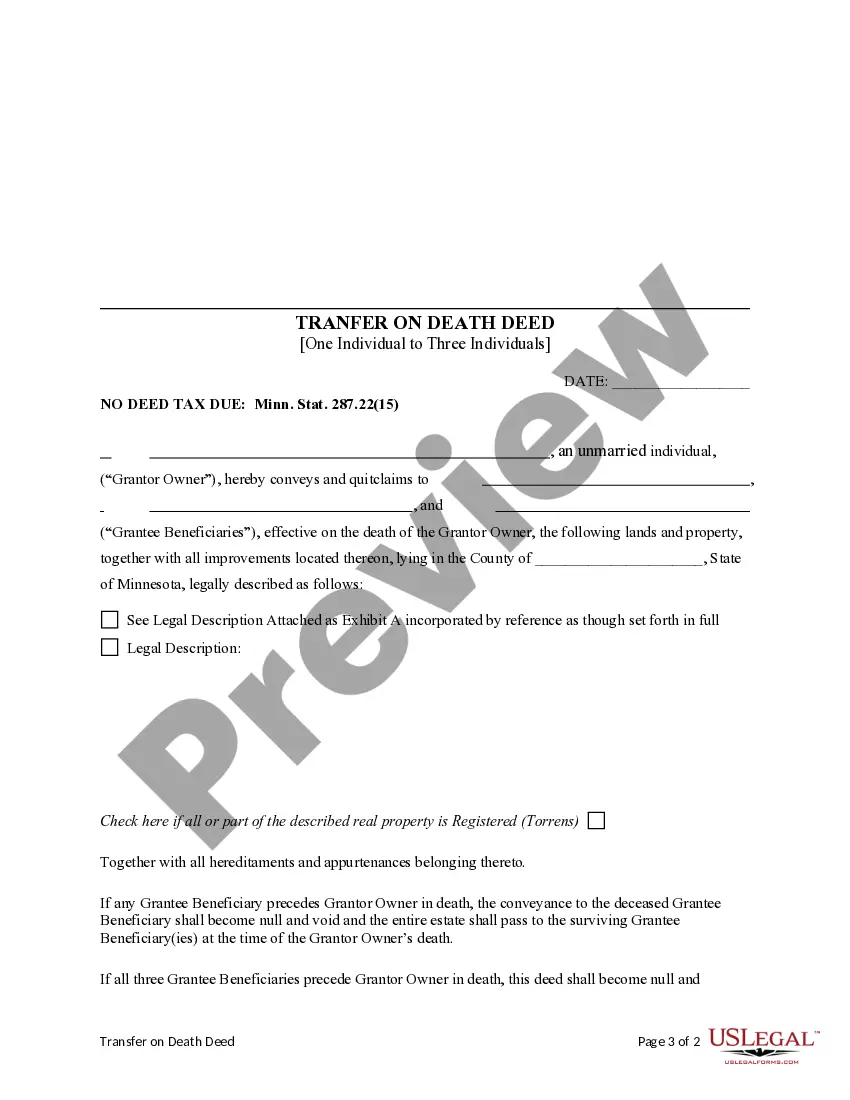 Preview Transfer on Death Deed - One Individual to Three Individuals