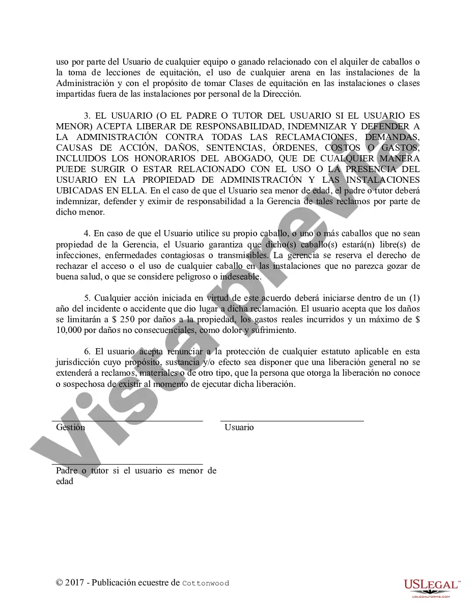 Preview Liberación de lección, alquiler o arrendamiento de caballos y uso de arena - Formularios equinos de caballos