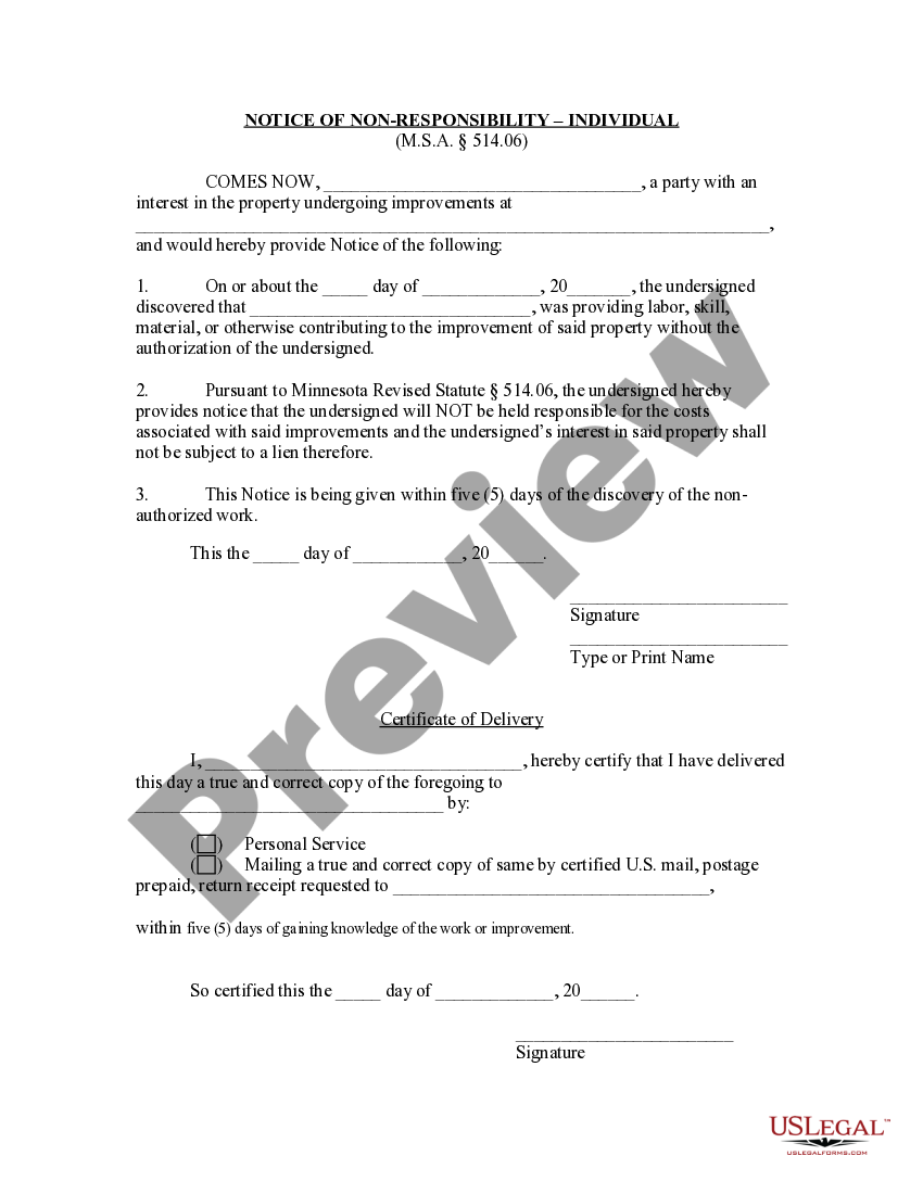 Minnesota Notice of Nonresponsibility Individual Notice Of Non